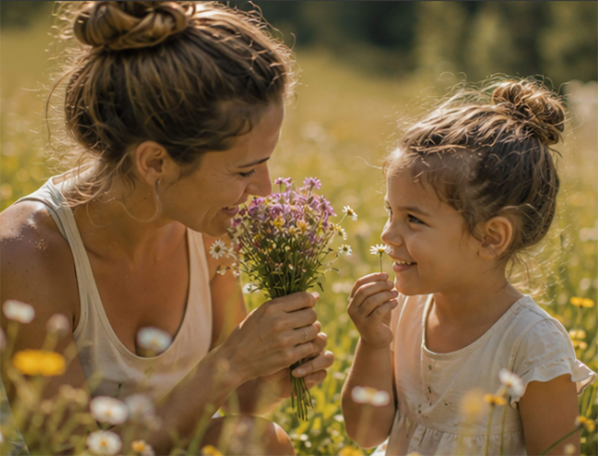 Mutter und Tochter mit Blumen