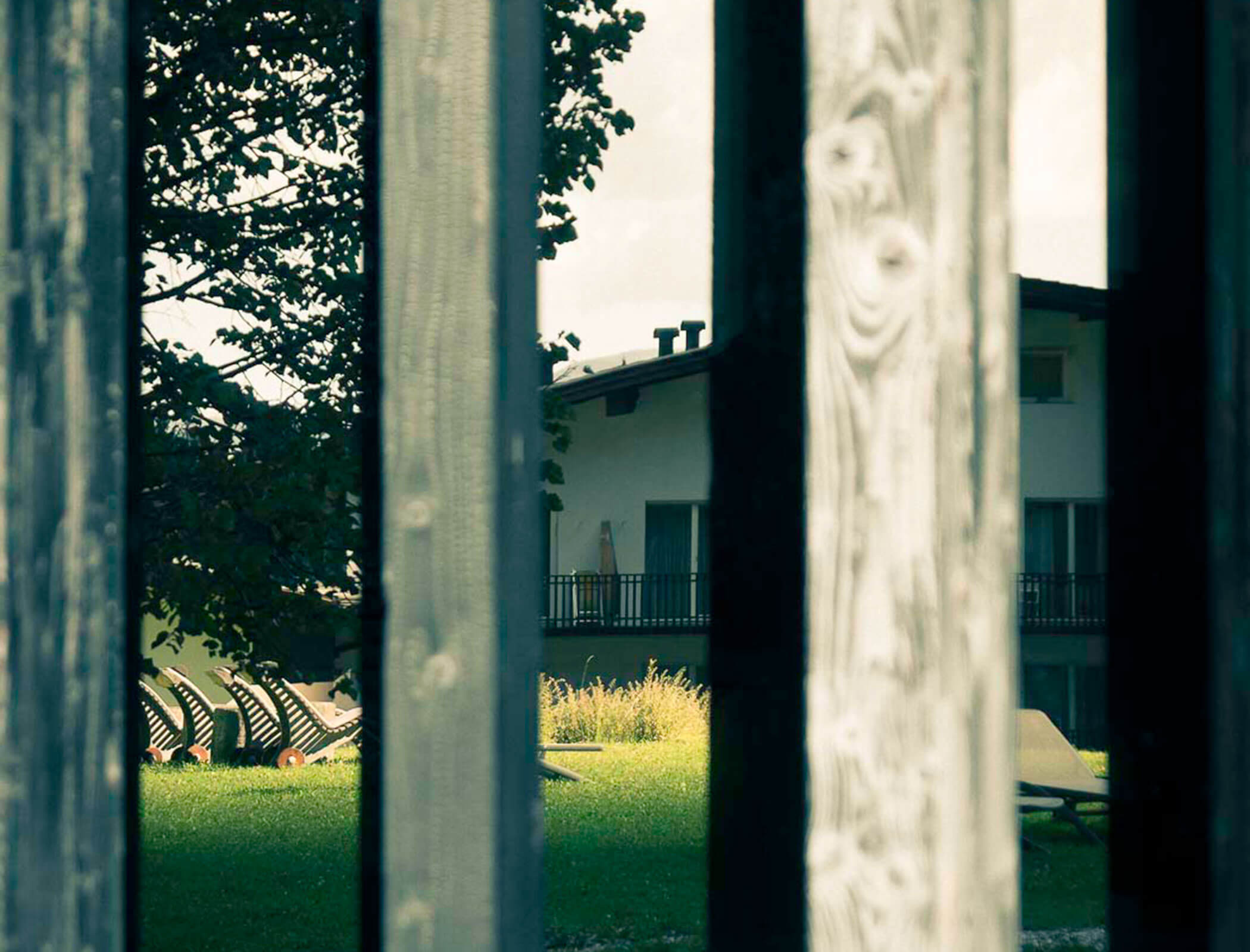 Vista su un prato attraverso pali di legno - Bad Ratzes
